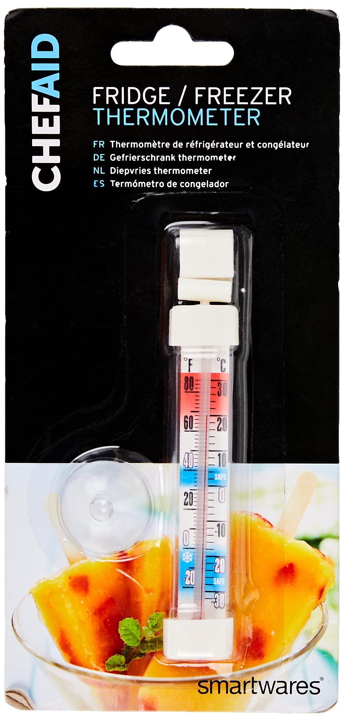 Chef Aid Classic Fridge and Freezer Thermometer with clear colour coded and easy to read markings, Comes with intergrated hanging hook and suction pad