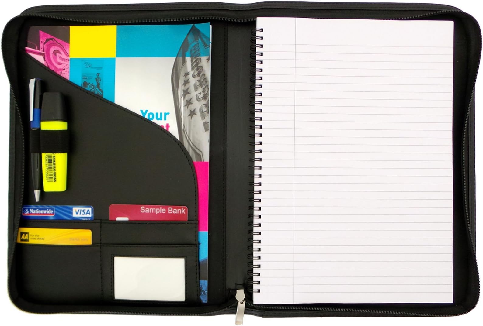 A4 Fully Zipped Soft Touch Business Conference Folder / Folio in Black PU Leather - With Side Loading A4 Notepad / Notebook