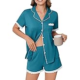 Ekouaer Womens Short Sleeve Pajamas Set Soft Sleepwear Button Down Lounge Set Lace Top and Shorts Pj Nightwear