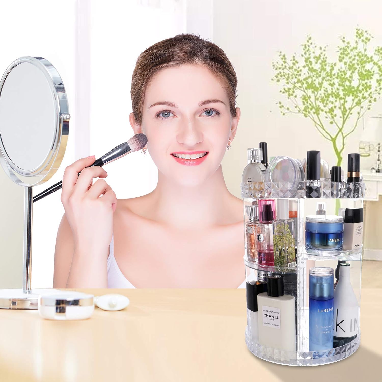 Deksias 360 Rotating Makeup Organizer, Adjustable Carousel Acrylic Storage,Large Capacity Spinning Cosmetics Display Case for Bathroom,Bedroom,Dresser or Vanity Countertop (Clear): Home Improvement
