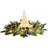 Svndlyn Silver White Pre-Lit Christmas Centerpiece with Woodland Scene | 20 Warm White LEDs, Timer, Frosted Pinecones and Silver Ornaments for Dining Table, Mantel or Console Display