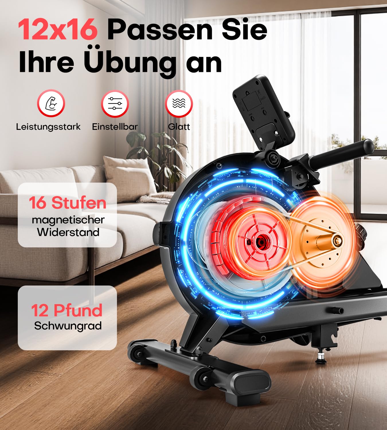 MOSUNY Rudergerät für Zuhause, Magnetisches Rudergerät mit 16 Widerstandsstufen,Upgrade Doppel-Slide-Rails Ultraleise, App-Kompatibel LCD-Datenanzeige, Belastbar bis160kg Rowing