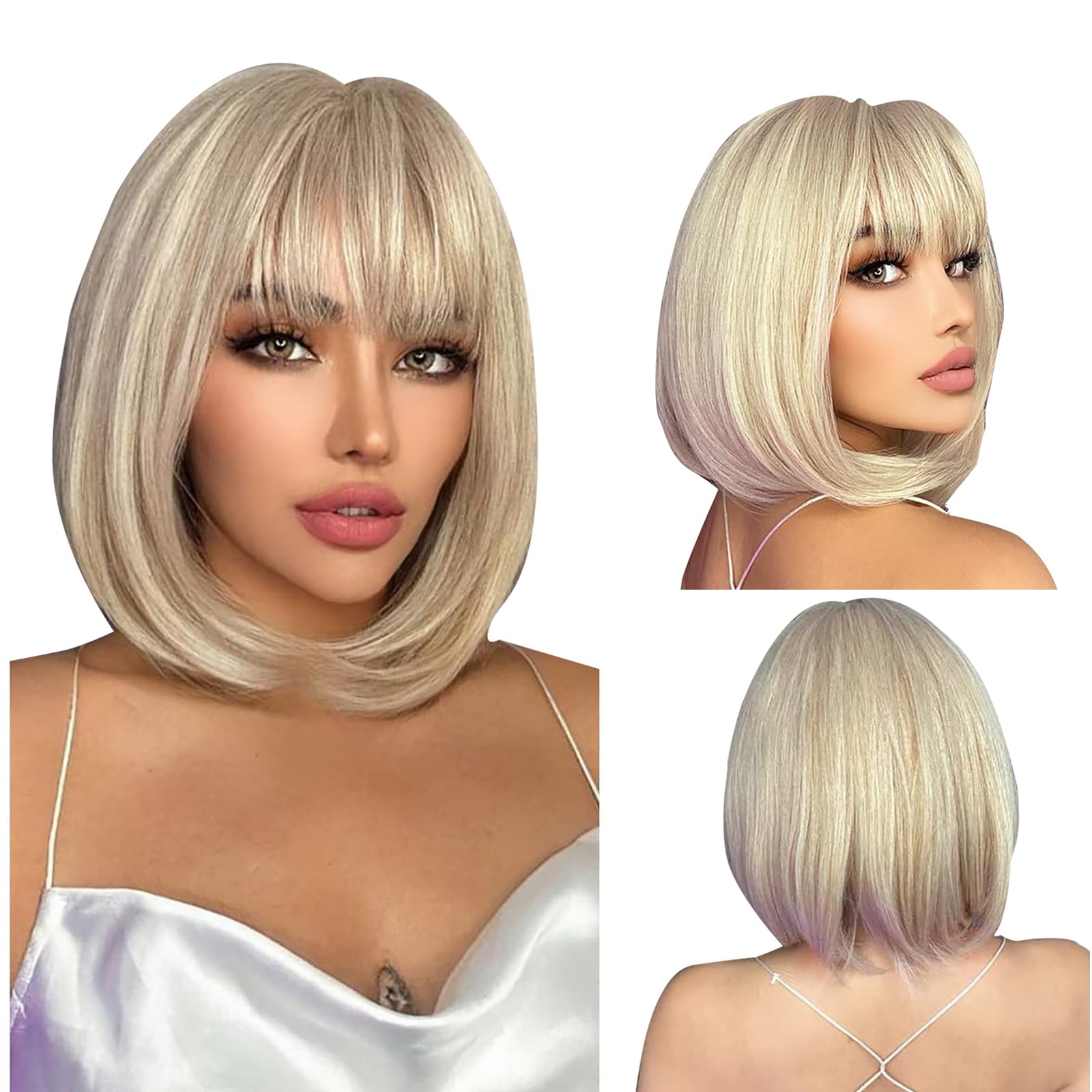 woojfcang Platinum Blonde Bob Wig with Fringe Straight Short Wigs for Women Ladies Synthetic Bob Hair Wig for Daily Party Halloween Christmas Cosplay Costume Fancy Dress Accessories