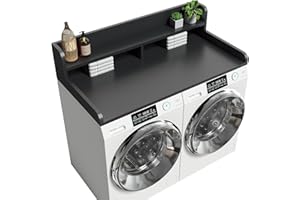 Corbyles 2-Tier Washer Dryer Countertop with 2.75"H Edge Rails, 54" W x 27.55" D Laundry Countertop for Folding Clothes, Washer and Dryer Topper with Non-Slip Pad (Black)