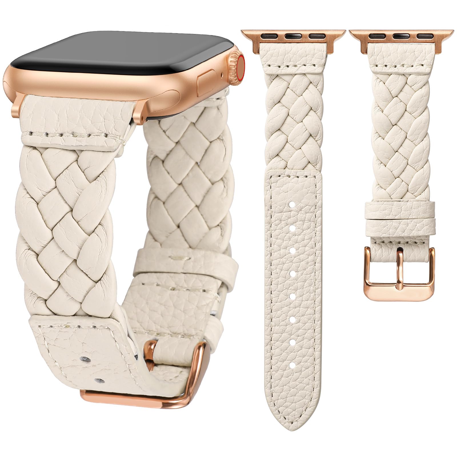 TOYOUTHS Braided Leather Strap Compatible with Apple Watch Band Women 38/40/41/42mm Cute Dressy Designer Woven Thin Leather Bracelet for iWatch Series 11 10 9 8 7 6 5 4 SE 3 2 1, Starlight/Rose Gold
