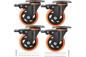 BZOLIHEU 4 Inch Caster Wheels,Casters Set of 4 Heavy Duty, No Noise Locking Casters,Top Plate Swivel Casters with Brake, Orange Polyurethane Castor Wheels for Furniture and Workbench Cart