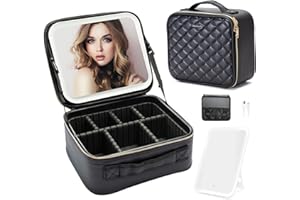 ZhenGuiRu Travel Makeup Bag with LED Mirror – Waterproof Cosmetic Train Case with Adjustable Dividers, Portable Makeup Organizer and Toiletry Bag for Women, Pink Teens & Girls Gift