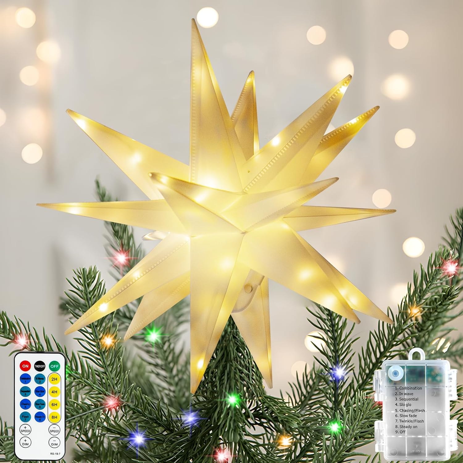 Tree Toppers - SAUIRS-Moravian Star Light for Christmas-Christmas Star Tree Topper Lighted, Hanging Indoor Christmas Star Light- with Battery Box,Use As Holiday Decoration for Christmas（Warm White）