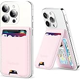 TopMade Phone Card Holder, Leather Phone Wallet Stick on with Stand, Open ID Window, Strongest 3M Adhesive Credit Card Holder for Back of Phone Case, iPhone, Samsung, and Android, Fit 6 Cards, Pink