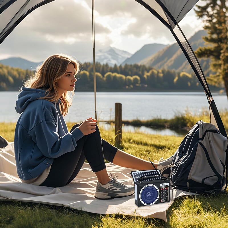 Radio Am/FM/SW Bluetooth Retro portátil y compacta con Panel Solar, iluminación LED portátil, batería Recargable, Reproductor MP3 Compatible con Tarjeta TF/USB (Azul) — foto 6 de 7