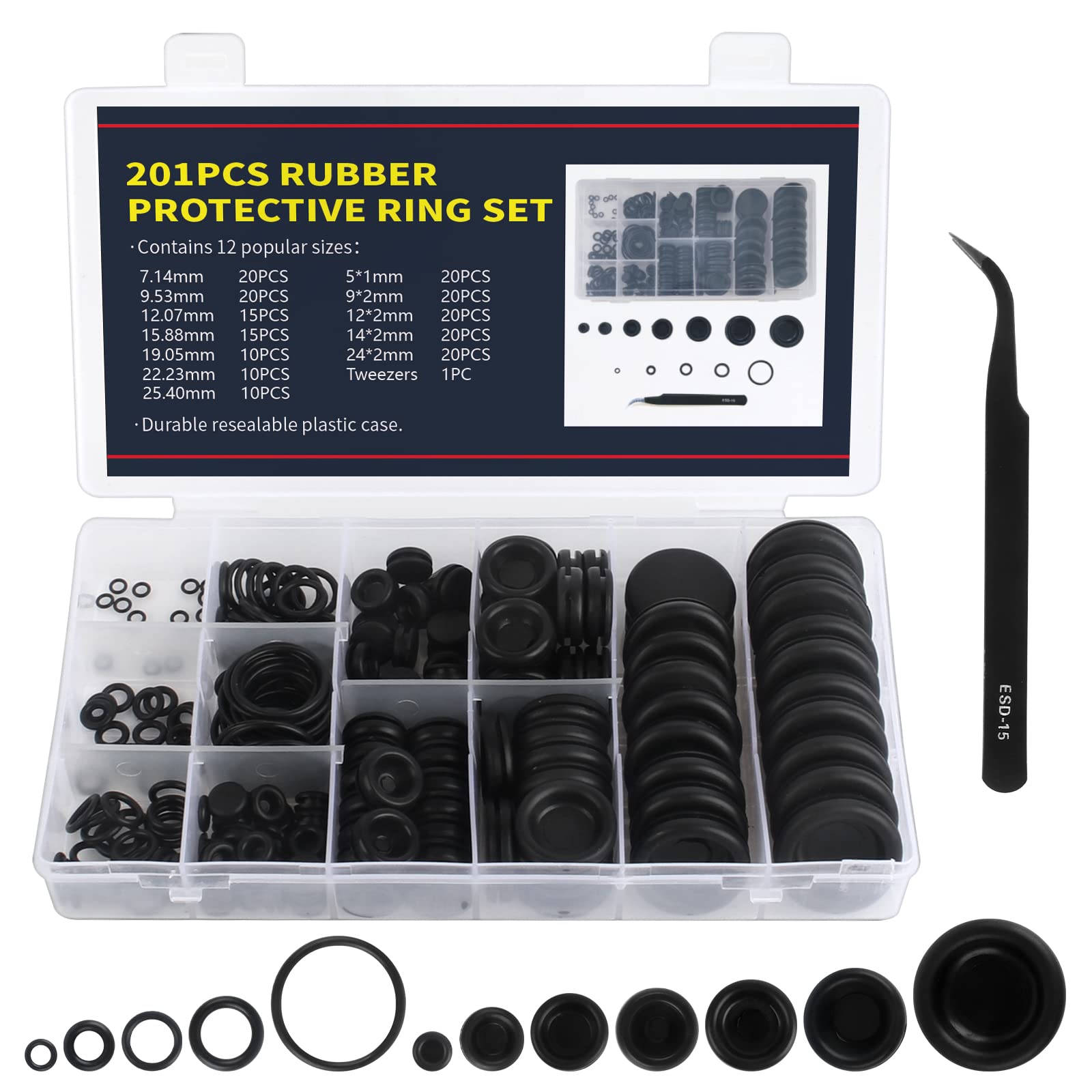 Anruyi 200Pcs Rubber Grommets Kit, 12 Sizes Rubber Hole Plugs with Organizer Case Electrical Conductor Wiring Gasket Ring Assortment Kit for Protecting Wires, Plugs and Cables, with a Tweezers