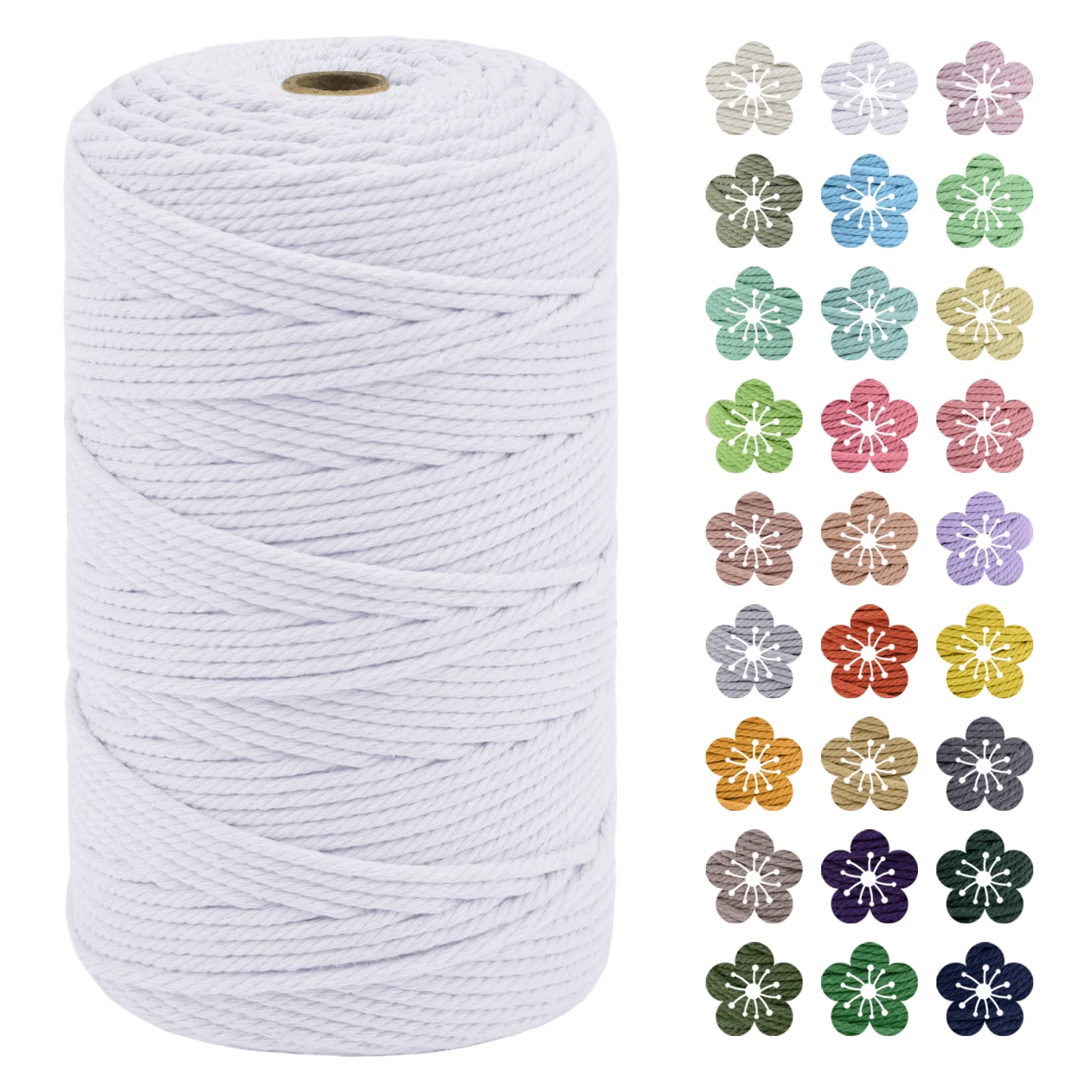 LEREATI Macrame Cord 3mm x 200m, Thick Macrame Rope Natural Cotton Rope Craft String, 4 Strand Twisted Cotton Cord Yarn for DIY Plant Hanger, Wall Hanging, Christmas Decoration (White)