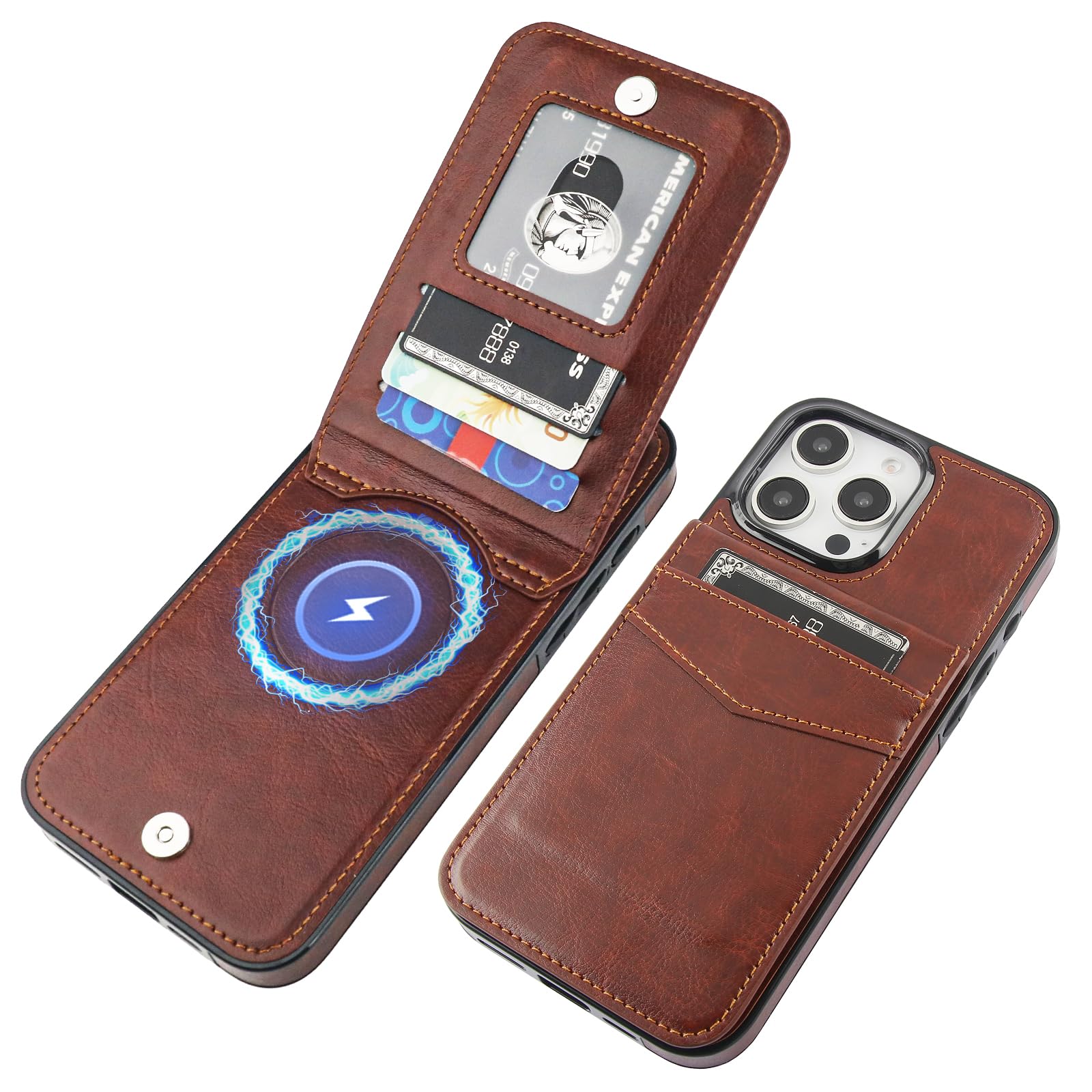 KIHUWEY for iPhone 16 Pro Max Case Wallet Compatible with MagSafe Wireless Charging, Credit Card Holder, RFID Flip Leather Magnetic Clasp Kickstand Heavy Duty Protective Cover 6.9 Inch (Brown)