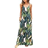 Supnier Women's Summer Maxi Dress Casual V-Neck Sleeveless Bohemian Spaghetti Strap Floral Long Maxi Dress with Pockets