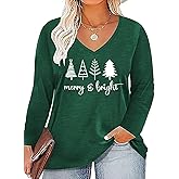 Women Plus Size Christmas Shirt Merry Bright Xmas Long Sleeve Tees Christmas Tree Print Casual V Neck Holiday Tee Tops