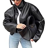 RISCUYY Oversized Leather Jacket for Women Faux Leather Stand Collar Motorcycle Going Out Long Sleeve Bomber Jacket Women