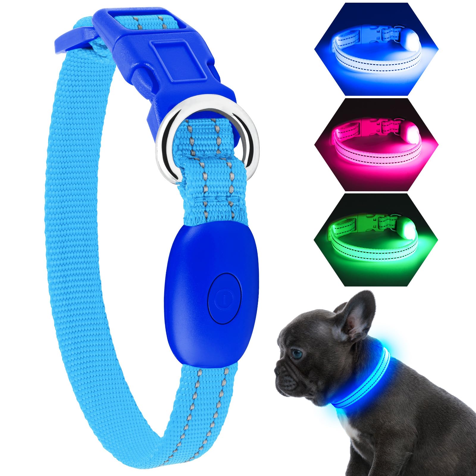 KOSKILL Light Up Dog Collar, Rechargeable USB Collar, Waterproof, Luminous LED Collar, Adjustable, Super Bright, Night Walking for Small Medium Large Dogs, Blue, S