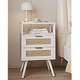 JOONEE Rattan Nightstand,Farmhouse Bedside Table with 2 Storage Drawer and Open Wood Shelf, for Bedroom and Small Spaces,Night Stand with Solid Wood Legs (White)