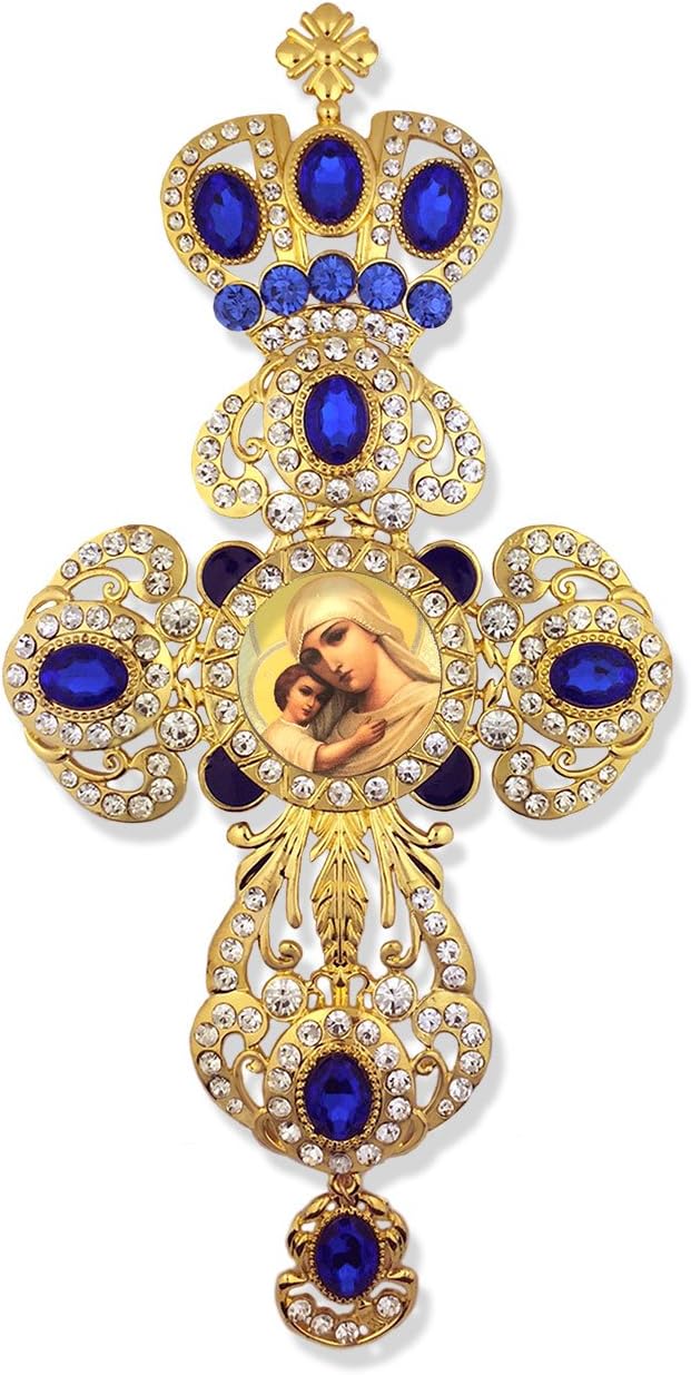 Religious Jeweled Icon Wall Cross Pendant with Crown Madonna and Child Christ 9 Inch