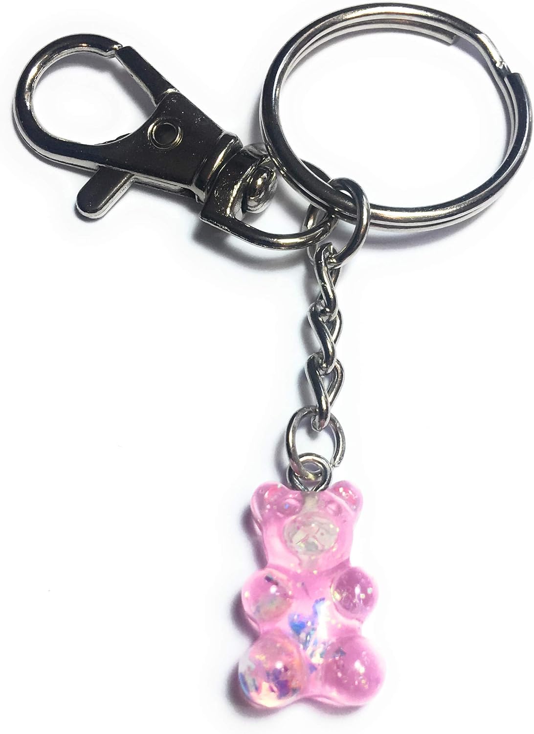 FizzyButton Gifts Pink Sparkly Translucent Jelly Baby Gummy Bear Charm Keyring Key Ring Keychain, Pink,silver
