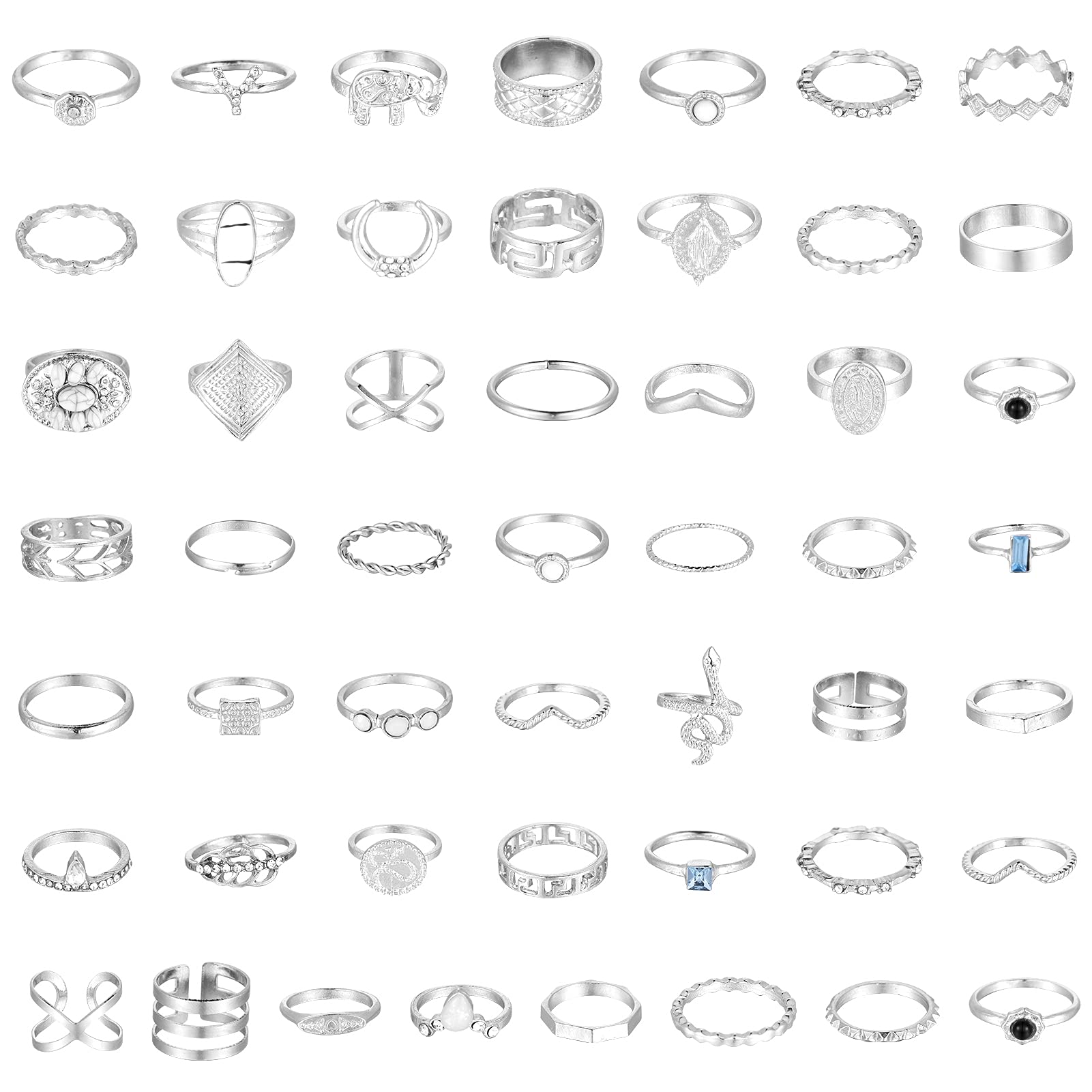 Bestomrogh 50 Pcs Retro Vintage Knuckle Joint Rings Set for Women Girls Silver Pear and Round Cut White Cubic Zirconia Engagement Mid Finger Stackable Rings