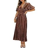 R.Vivimos Women's Fall Winter Velvet Dress Puff Sleeve Sexy Deep V Neck Elastic High Waist A-Line Elegant Casual Midi Dress