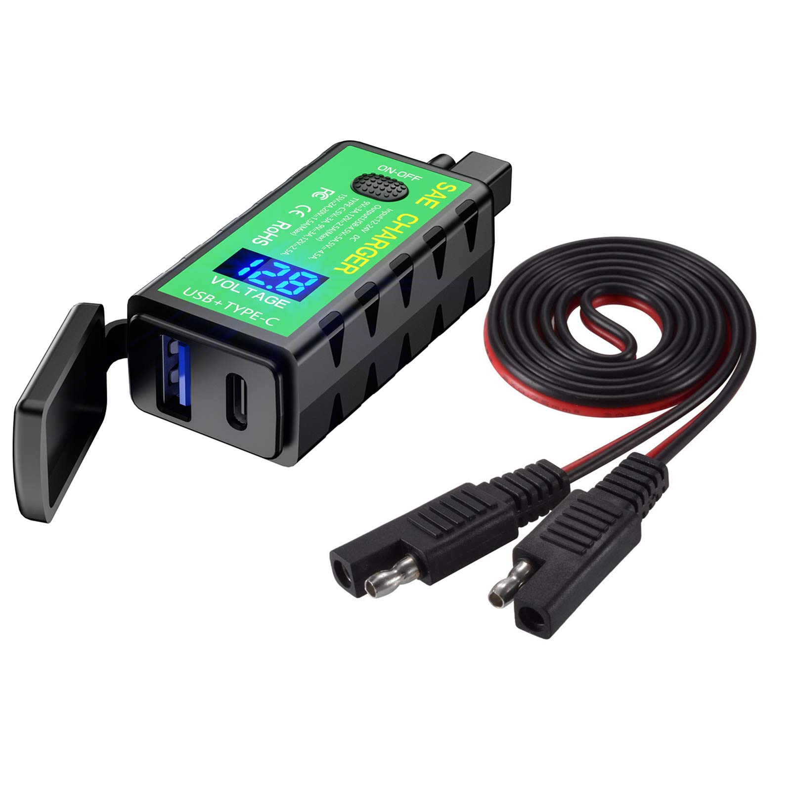 YONHAN Motorcycle USB Charger SAE to USB Adapter, Total 36W Dual USB Type C PD &amp; Quick Charge 3.0 with Voltmeter &amp; ON/Off Switch, 3 Install Options, for Smart Phone Tablet GPS