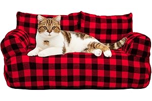 FAMIDGE Cat Couch Bed - Cat Bed for Indoor Cats, Calming Pet Sofa Puppy Sleeping Bed with Removable Washable Cover, Cute Dog Couch and Kitty Lounge Chair for 18lbs Cats & Small Dogs(Red & Black)