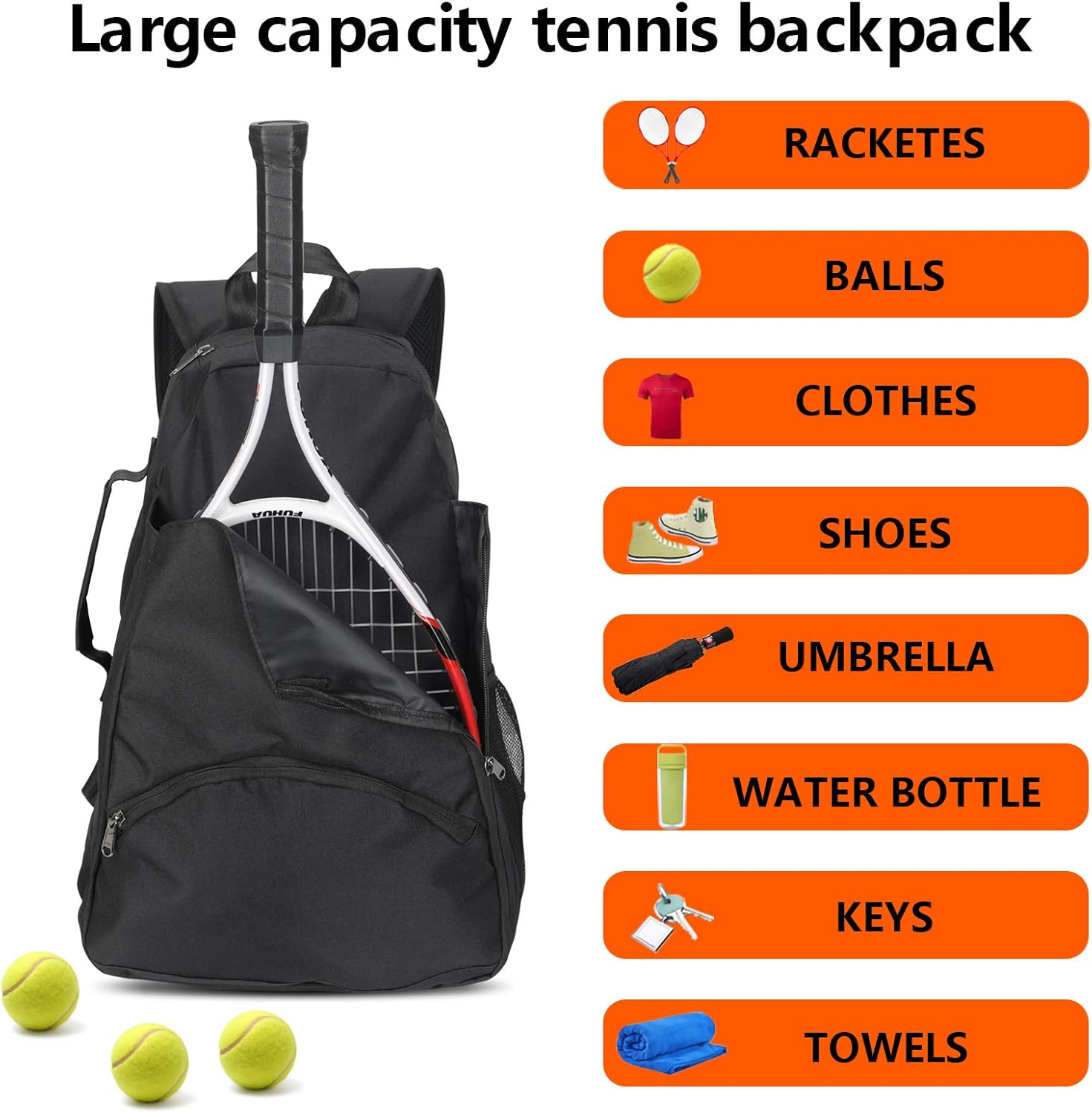 Qchengsan Tennis Racket Backpack, Tennis Bag, Tennis Racquet Holder Bag Fit for Man, Woman, Teenagers, Tennis Racket Bag for Pickleball, Badminton, Squash, Other Accessories (Black) : Sports & Outdoors