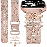 Minyee Floral Engraved Band with Charms Compatible with Fitbit Versa 2/Fitbit Versa/Versa Lite Bands Women,Bling Decorative Ring Loop Cute Soft Silicone Flower Fancy Strap for Versa 2 Watch(with Band)