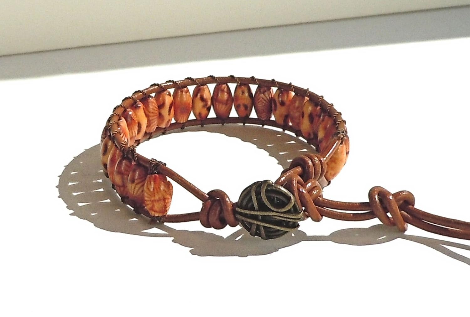 Leather Cord and Oval Wood Bead Wrap Bracelet with Button