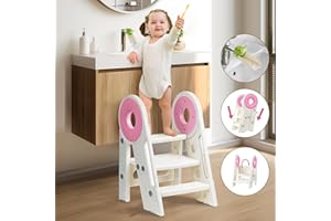 NOONKTY Toddler Step Stool, 2-3 Step Foldable Kids Step Stool for Bathroom Sink, Non-Slip Toddler Step Stool Helper for Kitchen, Potty Training Toilet, Kids Stool Helper, Ages 18 Months to 3 Years (Pink)