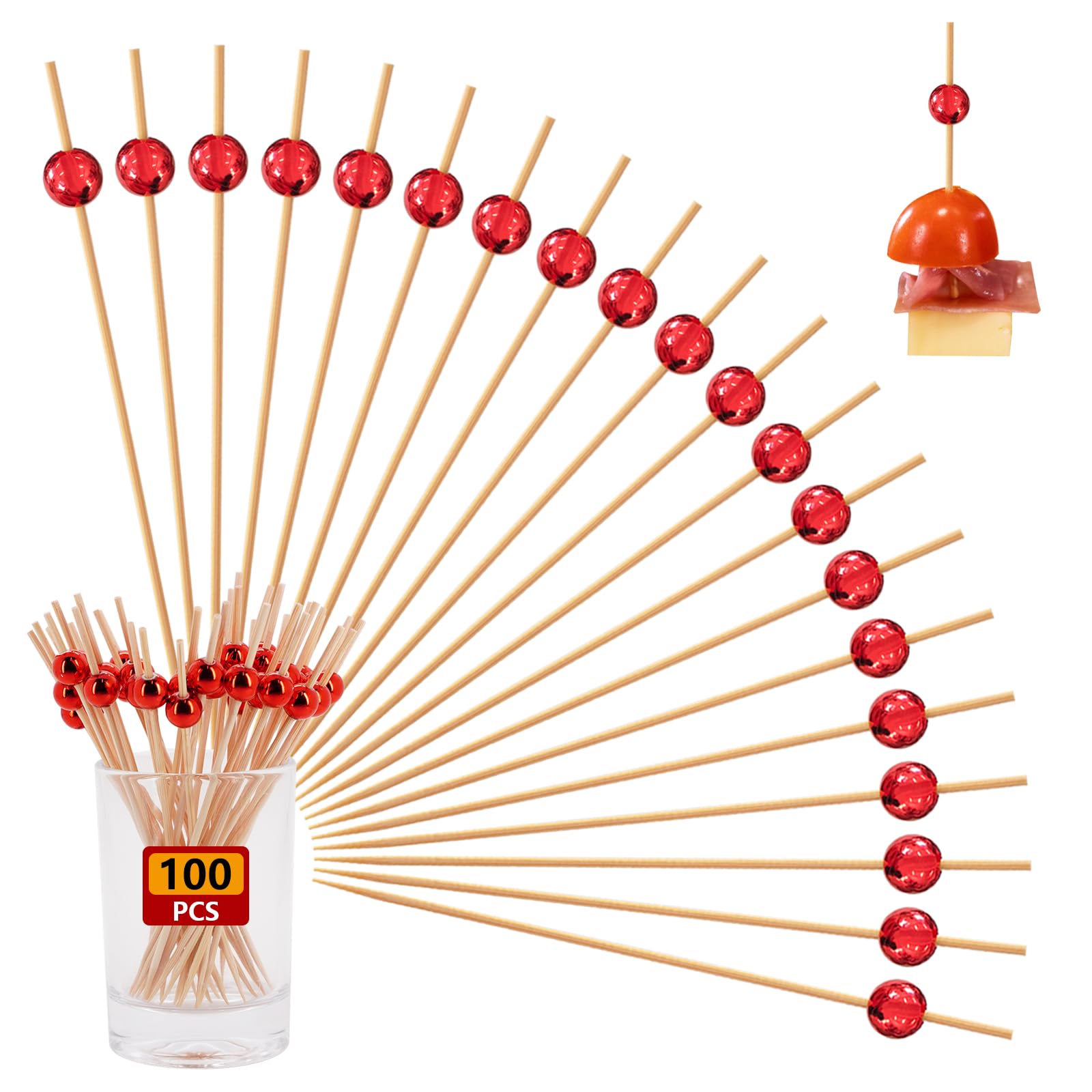 Photo 1 of 100 Pcs Cocktail Picks, 4.7 Inch Ball Toothpicks for Appetizers, Cocktail Skewers for Drinks, Fruits, Wooden Long Toothpicks Charcuterie Sticks, Party Decorations Supplies (Red)