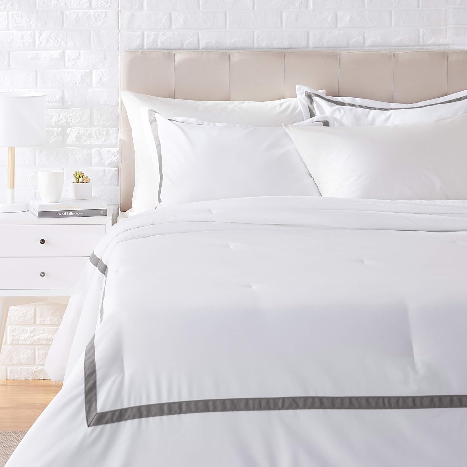AmazonBasics Ribbon Embellishment Comforter Set - Premium, Soft, Easy-Wash Microfiber - Full/Queen, Dark Grey
