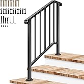 VIVOSUN 3-Step Railing 40"x36" Wrought Iron with Curved &amp; Balusters Black | Sturdy wrought iron handrail with curved ends and balusters for elderly; rustproof black; full hardware; for porch and deck