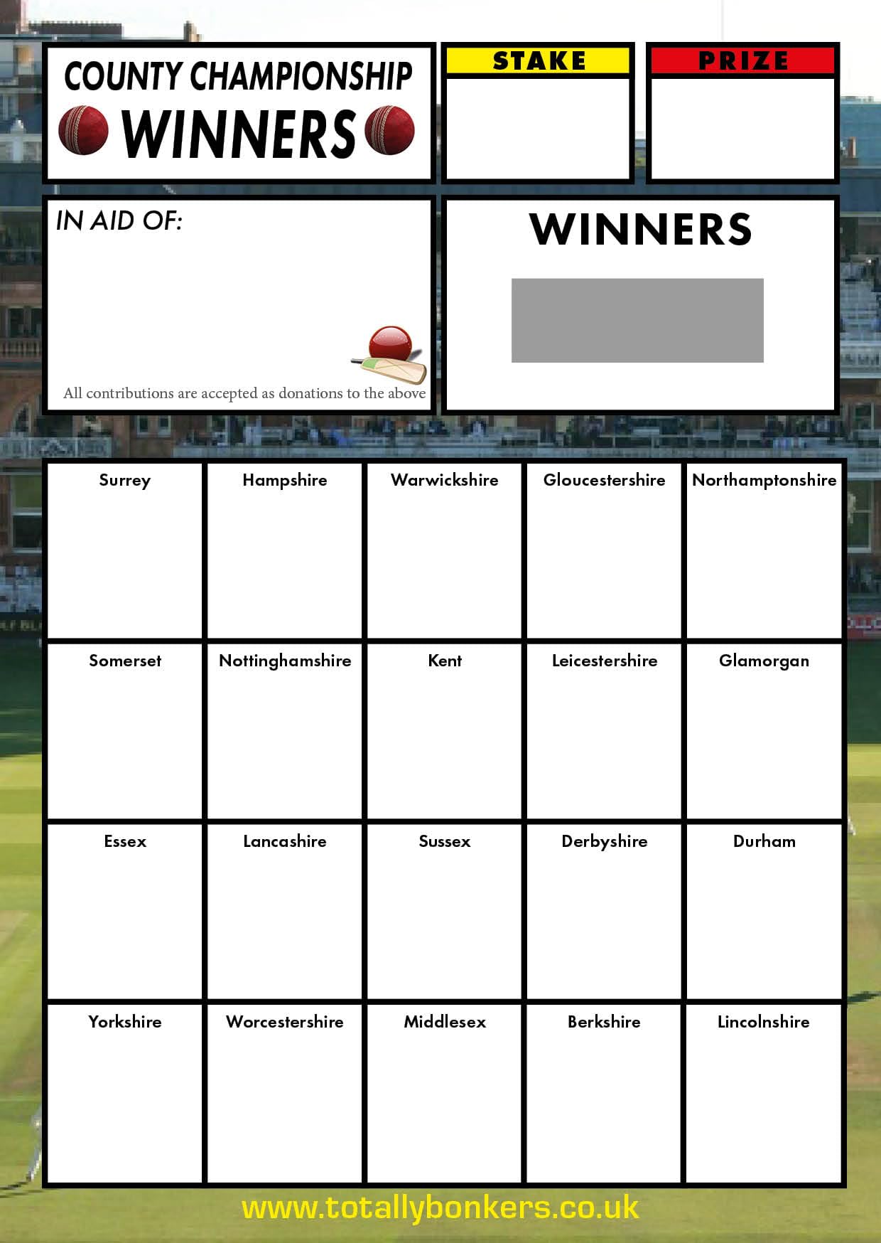 Totally Bonkers - Cricket (County) Fundraising Scratch Cards - 20 Square - A6 148x105mm - 10 Pack - TB0012 - Blind Card