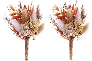 BONSION Natural Dried Flowers Boutonniere for Men Wedding Set of 2, Boho Wedding Groom and Groomsmen Boutonniere for Wedding Ceremony Anniversary, Formal Dinner and Fall Vintage Wedding (Orange-01)