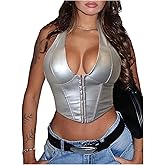 Floerns Women's Y2K PU Leather Halter Neck Hook Eye Backless Asymmetrical Party Crop Tank Top