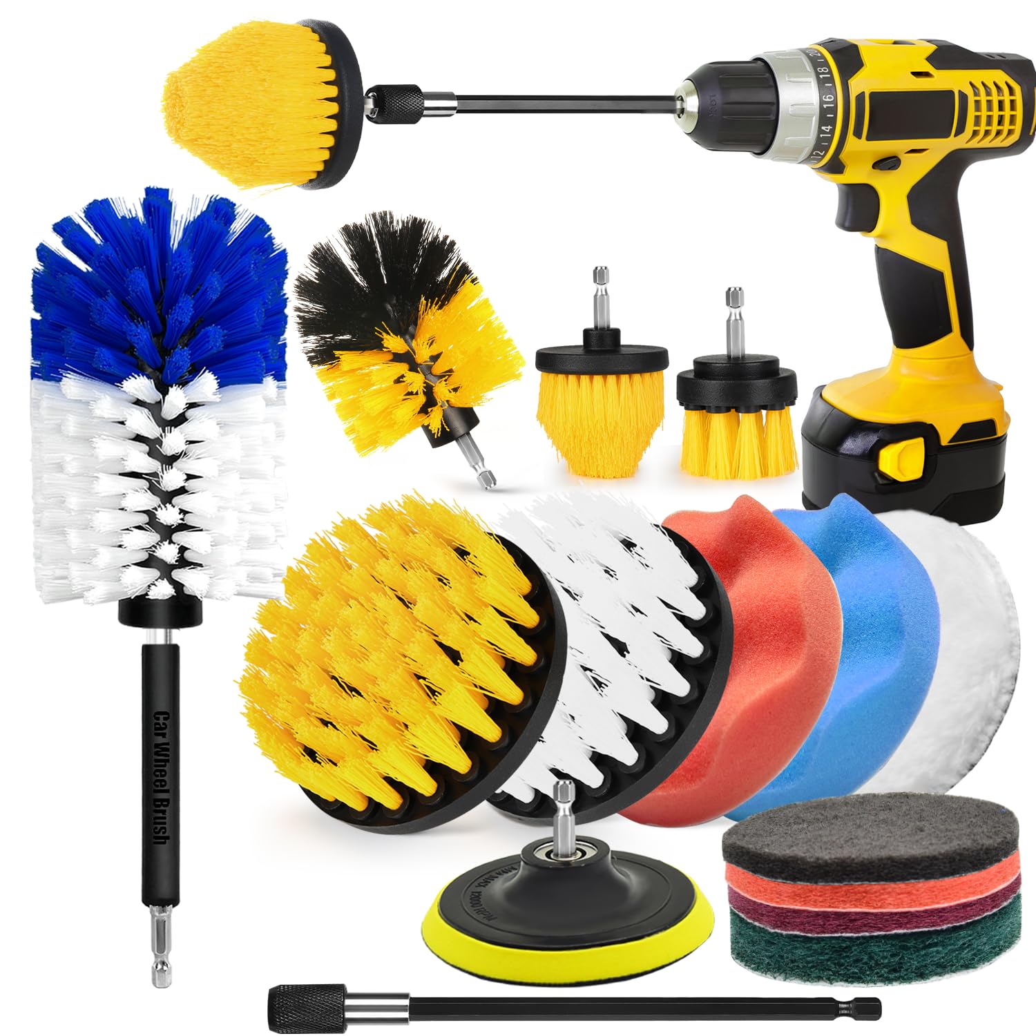 Photo 1 of 15Pcs Drill Brush Attachment Set, Drill Scrubber Brush Kit Include Soft Drill Wheel Brush, Scrub Pads, Sponge, Drill Cleaning Brush Attachment Set for Car, Bathroom, Tub, Tile, Floor, Grout, Boat