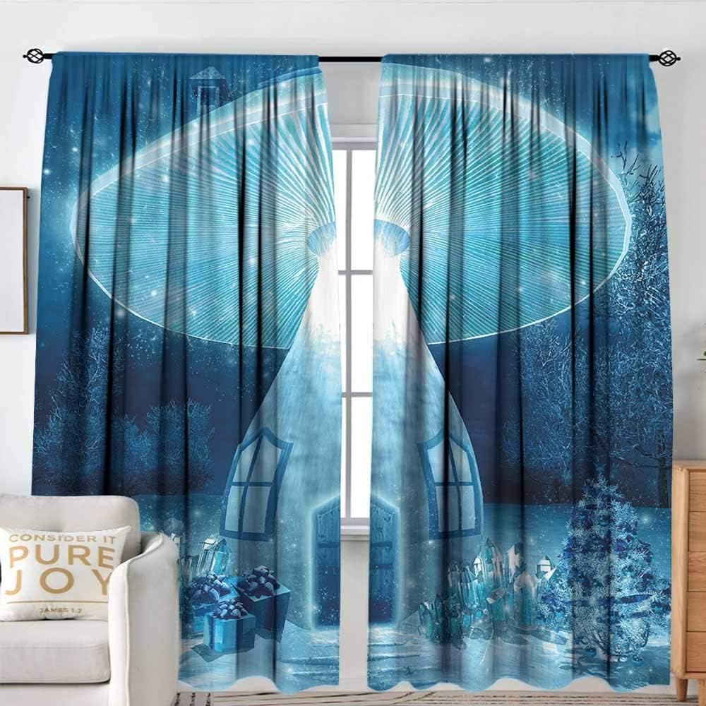 NUOMANAN Curtains for Bedroom Mushroom,Vivid Mushroom House in Fantasy Forest Fairytale Landscape Frozen Winter,Aqua White Dark Blue,Insulating Room Darkening Blackout Drapes 54"x63"