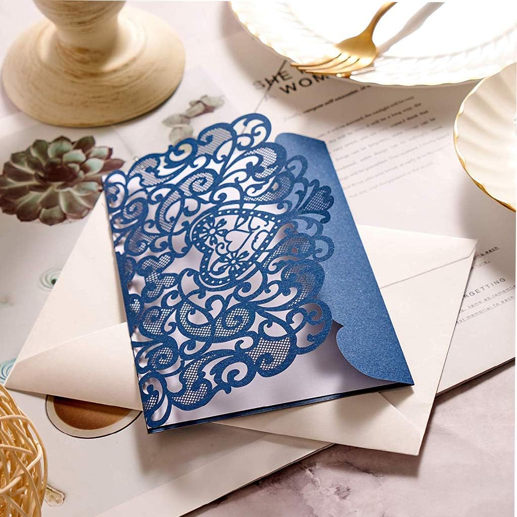 Loisirs Creatifs Decorations De Mariage Enveloppes Et Ruban Pour Marriage Anniversaire Jinsu 10pcs Bleu Marin Invitation De Mariage Laser Cut Invites Mariage Avec Feuilles Interieures Celebrations Napravi Rs