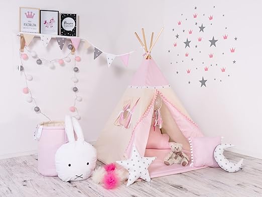 Indianerzelt Tipi Set für Kinder Spielzeug drinnen draußen Spielzelt Zelt mit Korb Tipi-Set Indianer Indianertipi (Tipi mit 8