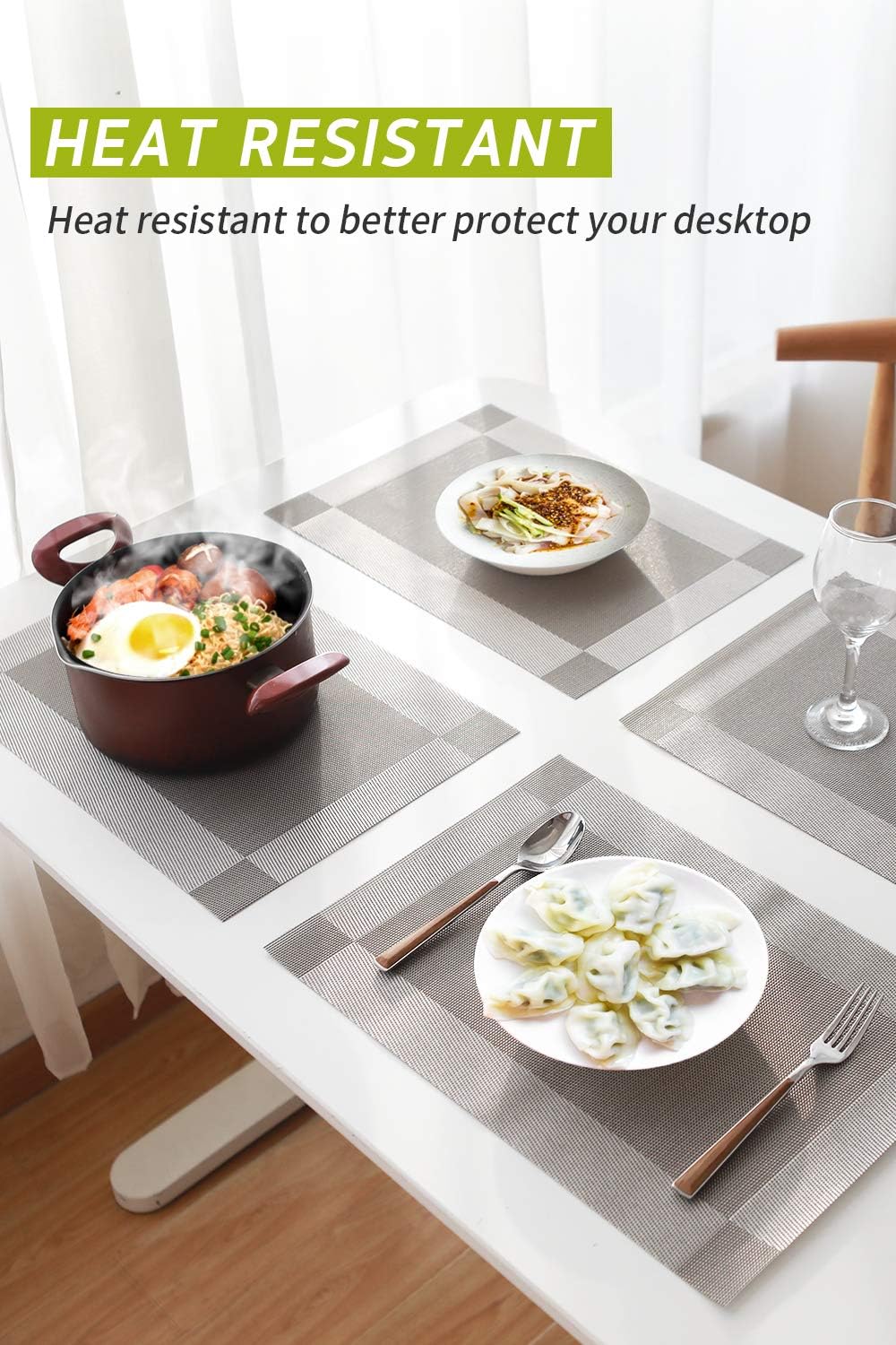 Syntus Placemats, Silver Grey PVC Woven Vinyl Table Mats Washable Non-Slip Heat Resistant for Kitchen Dinning Table Thanksgiving & Christmas, Set of 4: Home & Kitchen