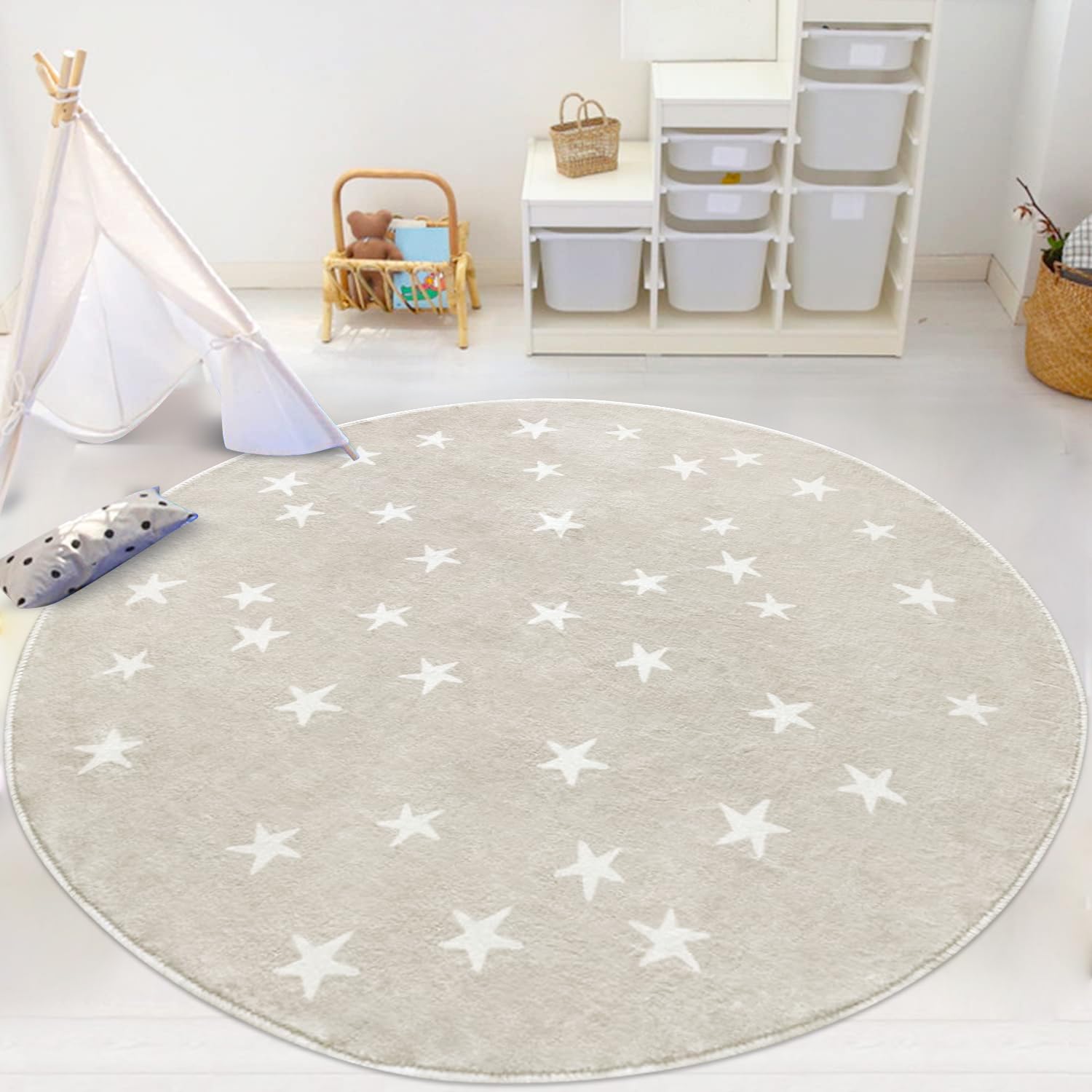 Photo 1 of Poowe Stars Round Rug for Kids Room - 4 FT Alphabet Super Soft Non Slip Nursery Bedroom Playroom Washable Classroom Circle Rug - Beige