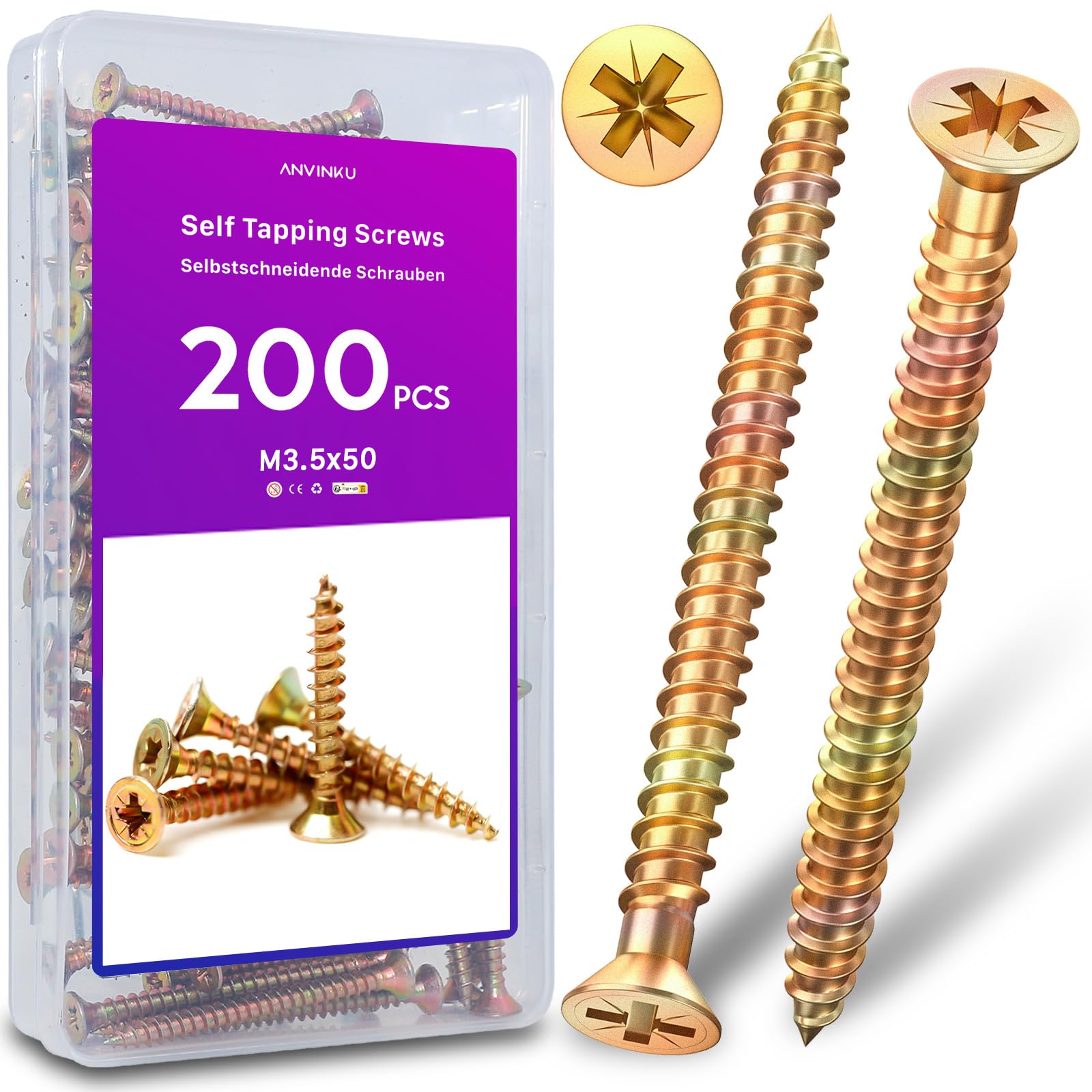 ANVINKU M3.5 x 50mm Wood Screws, 200 Pcs Color Zinc Assortment, Countersunk Self Tapping Screws for Furniture Repairs