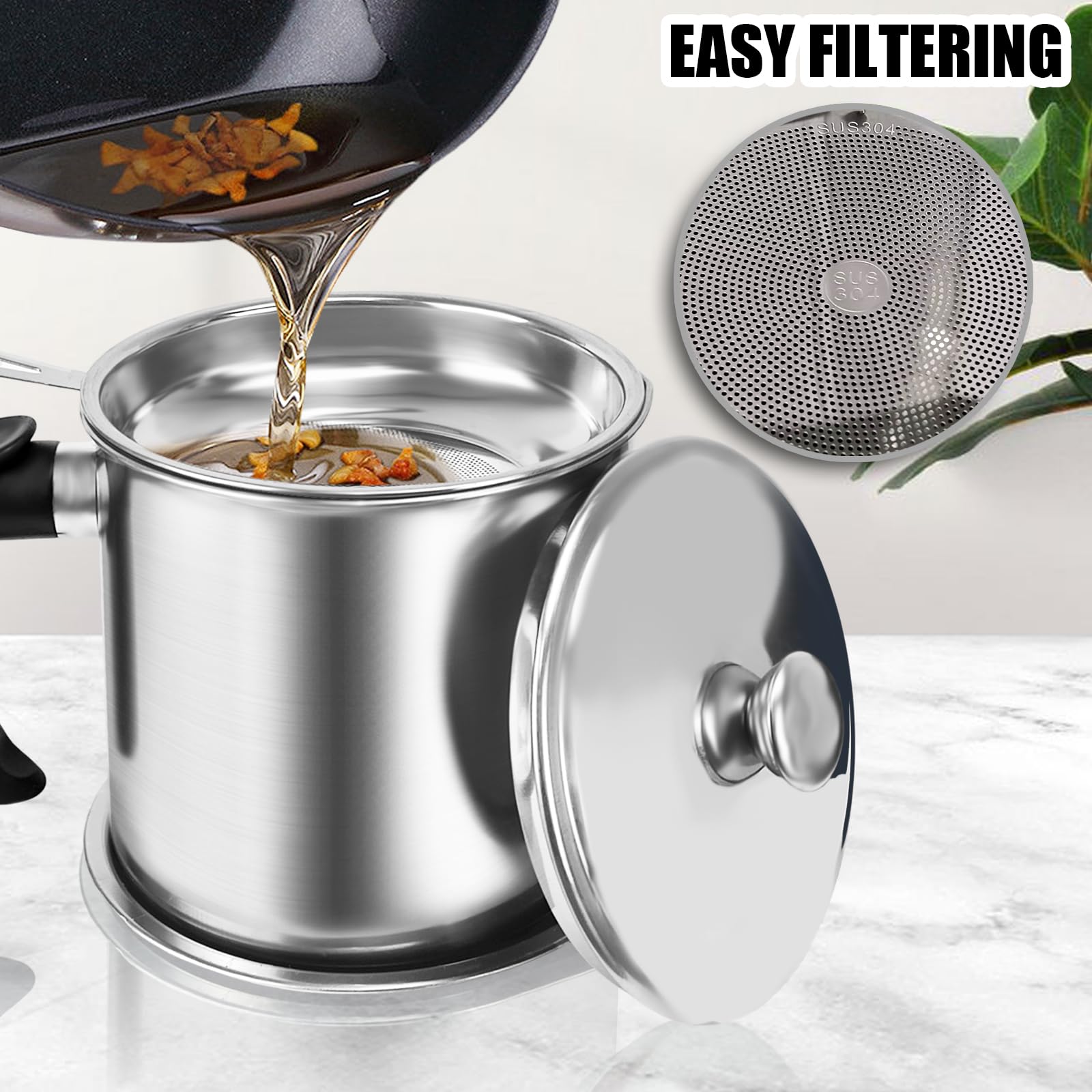 Bacon Grease Container With Strainer,1.3L(46 fl. oz.) Kitchen Stainless Steel Oil Container Can with Strainer and Anti-slip coaster tray for Store Meat Frying Oil and Cooking Grease Storage