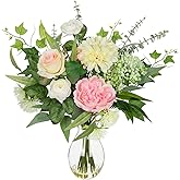 Briful Artificial Floral Arrangement with Faux Water – 19.7” Tall Mixed Peony, Rose, Dahlia & Eucalyptus Fake Flowers in Vase – Faux Flower in Glass Vase for Home Table Centerpiece Decoration