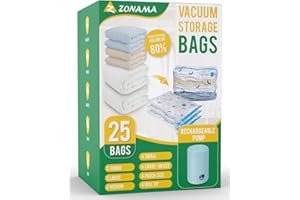 Z ZONAMA Travel Compression Bags, 25 Pack Vacuum Storage Bags with 1500mAh Rechargeable Battery, Vacuum Seal Bag for Space Saving Clothes, Blanket, Duvets, Pillows, Comforters, Travel Essentials, Luggage