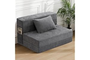 HOMFINE Folding Sofa Bed - Convertible Sleeper Chair with Pillow, Fold Out Couch, Memory Foam Floor Mattress, Futon Couch, Lazy Sofa for Living Room/Dorm/Guest Room/Home Office, Twin, Grey