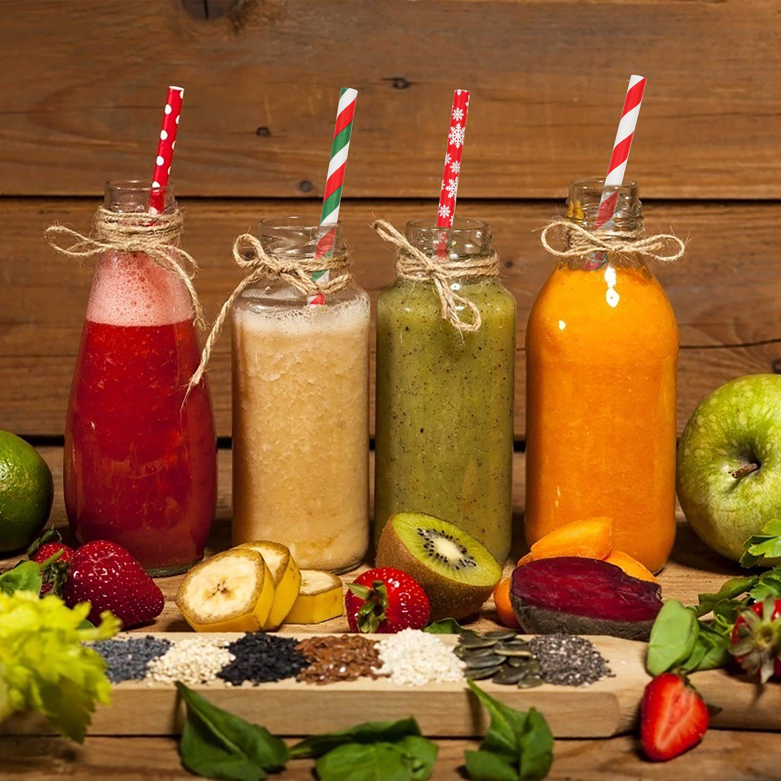 PATAZOK 200pcs Christmas Paper Straws Biodegradable Drinking Straws Disposable Red and Green Paper Straws Colorful Straws for Xmas Party Celebration Cocktail Decorations